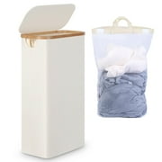 Efluky Slim Laundry Basket with Lid, Narrow Laundry Hamper with Removable Bag, Skinny Dirty Clothes Basket with Bamboo Handles for Bathroom, Bedroom \u0026 Laundry Room, 63L Beige